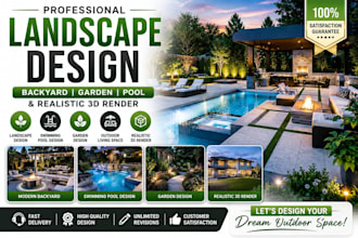 do landscape design, backyard, swimming pool design and realistic 3d render