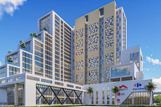 revitalize 3d mixed use urban development,multi story building,exterior render