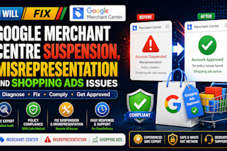 fix google merchant centre suspension, misrepresentation and shopping ads issues