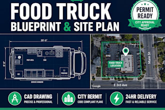 draw your food truck kiosk trailer blueprint and site plan for city permit