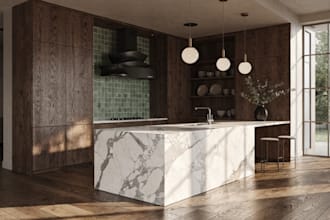 design a modern kitchen layout with custom cabinets and 3d visualization