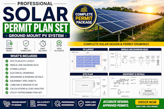 design complete solar permit plan set for ground mount pv system sld, pv layout