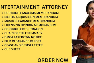 help with copyright issues, film clearances, music as entertainment lawyer in US