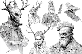 illustrate ink drawing in black and white, pen and ink