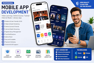 build video learning app, online course,tutorial app, internet radio,library app