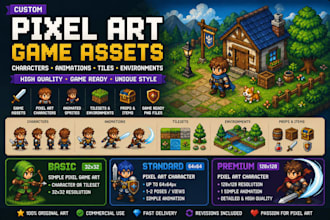 create isometric pixel art game assets, props, tilesets,  backgrounds and sprite