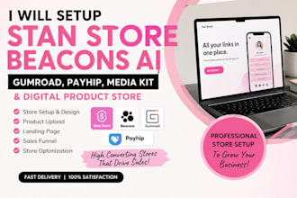 setup beacon ai, stan store, media kit, gumroad, payhip and digital product