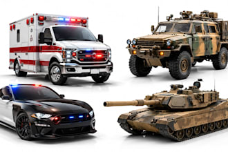 create 3d police car model, emergency military vehicle trucks hard surface model