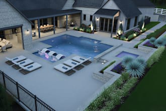 do backyard landscape design, 3d pool, garden, patio, outdoor design rendering
