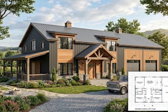 render barndominium, pole barn, house plan, facade design for your project
