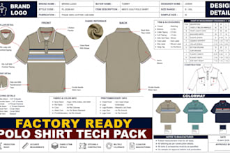 create polo shirt t shirt tech pack, flat sketch and cad for manufacturing