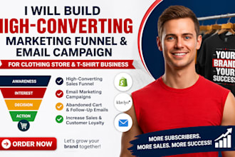 build marketing funnel, email marketing campaign for clothing store and tshirt