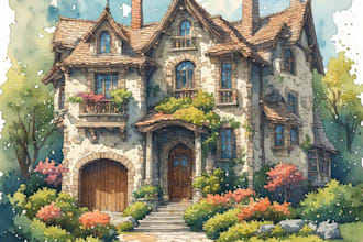 draw watercolour illustration of house or building