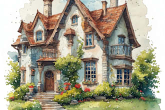 draw watercolor house, home building portrait illustration
