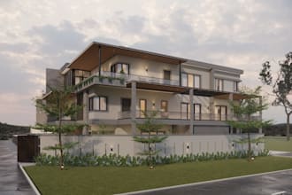 elevate cgi duplex residence,3d villa exterior render,balcony,tropical villa,skp