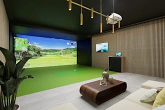 design golf simulator setup,3d golf lounge,man cave interior,indoor putting golf