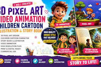 create 3d pixel art vidieo animation childreen cartoon illustration story book