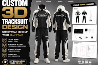 do custom 3d tracksuit design, streetwear mockup with techpack