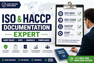 create iso 9001 14001 22000 haccp gmp food safety docs, sops and certificates