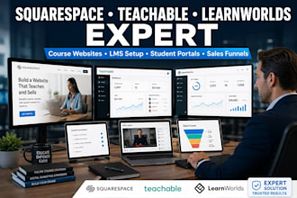 design a professional squarespace website teachable course site and learnworld