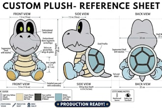 design a custom plush toy reference sheet and tech pack for manufacturing