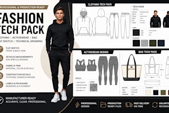 make a fashion teck pack, activewear design flat sketch clothing teck pack bag