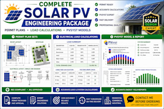 design solar pv permit plans, electrical load calculations and pvsyst models