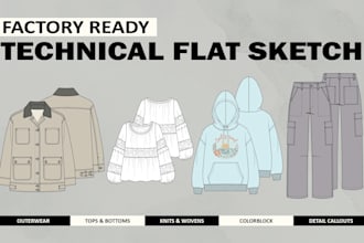 create production ready fashion flat sketches and technical apparel drawings