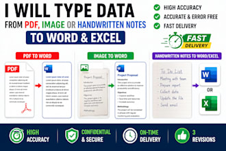type data from PDF, image or handwritten notes to word excel
