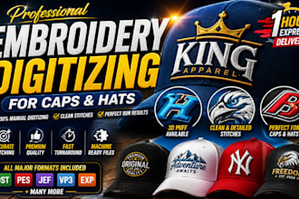 digitize logo for embroidery caps hats into dst pes jef vp3 exp in 1 hour
