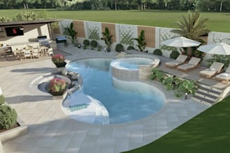 do backyard landscape design, outdoor, garden pool, pergola, patio rendering