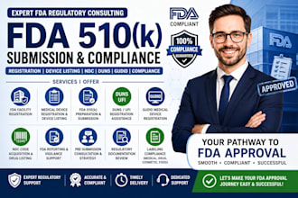 handle fda 510k submission, device listing, ndc, fda registration compliance