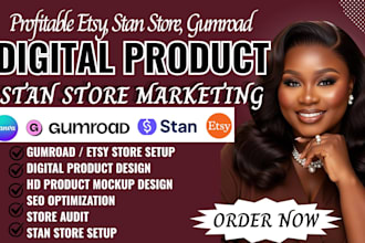 setup gumroad digital product store, etsy digital products and stan store