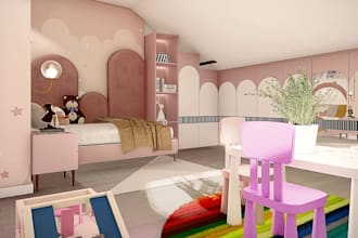 3d layout interior kid room,children playzone,kids restaurant render,walkthrough