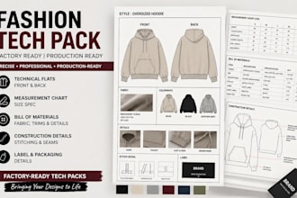 create fashion tech pack, clothing tech pack, technical flats for manufacturing