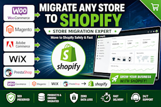 migrate woocommerce prestashop wix duda magento adobe commerce to shopify store