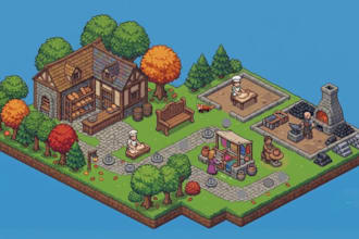 create isometric pixel map, tileset map, pixel art character, game asset