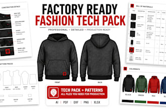 create a fashion tech pack, with flat sketch, pattern making for manufacturing