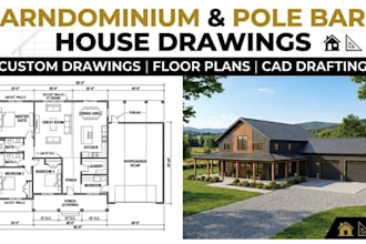 draft detailed construction plans for barndominium and pole barn buildings