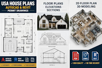 draw USA house floor plans and permit drawings in autocad