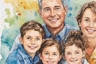 draw watercolor family portrait painting from combine photo in watercolor style