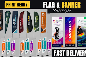 design print ready feather flag, teardrop flag and roll up banner