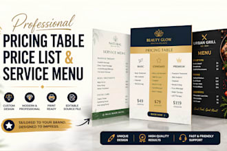design a professional pricing table, price list, and service menu for you