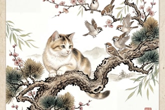 create joseon dynasty korean ink wash cat portrait illustration