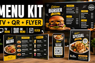 create a complete restaurant food menu kit with TV menu and qr code menu flyer