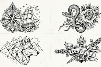 hand draw a custom black and white tattoo design