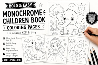 create bold and easy easy monochrome coloring pages for amazon KDP children book