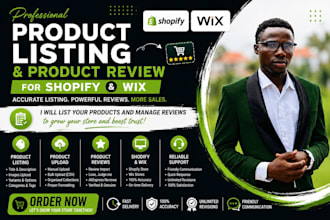 do professional wix shopify product listing, upload, and reviews