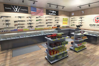 create 3d gun shop interior design, firearm retail shop, gun showroom