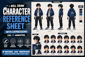 draw character reference sheet with expressions for 2d character animation